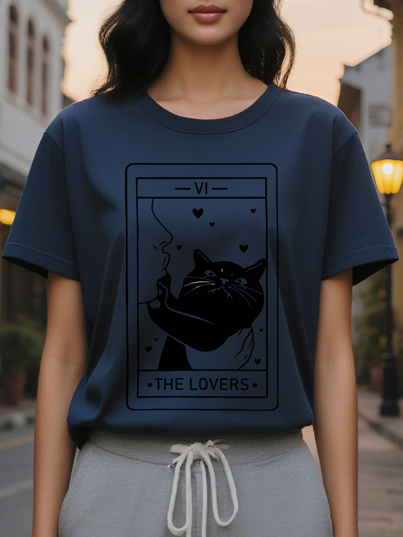 Large XL Women's Tarot The Graphic T-Shirt Whimsical Witch Hat Black with Hearts Design Soft Crew Neck Tee for Lovers Plus Size