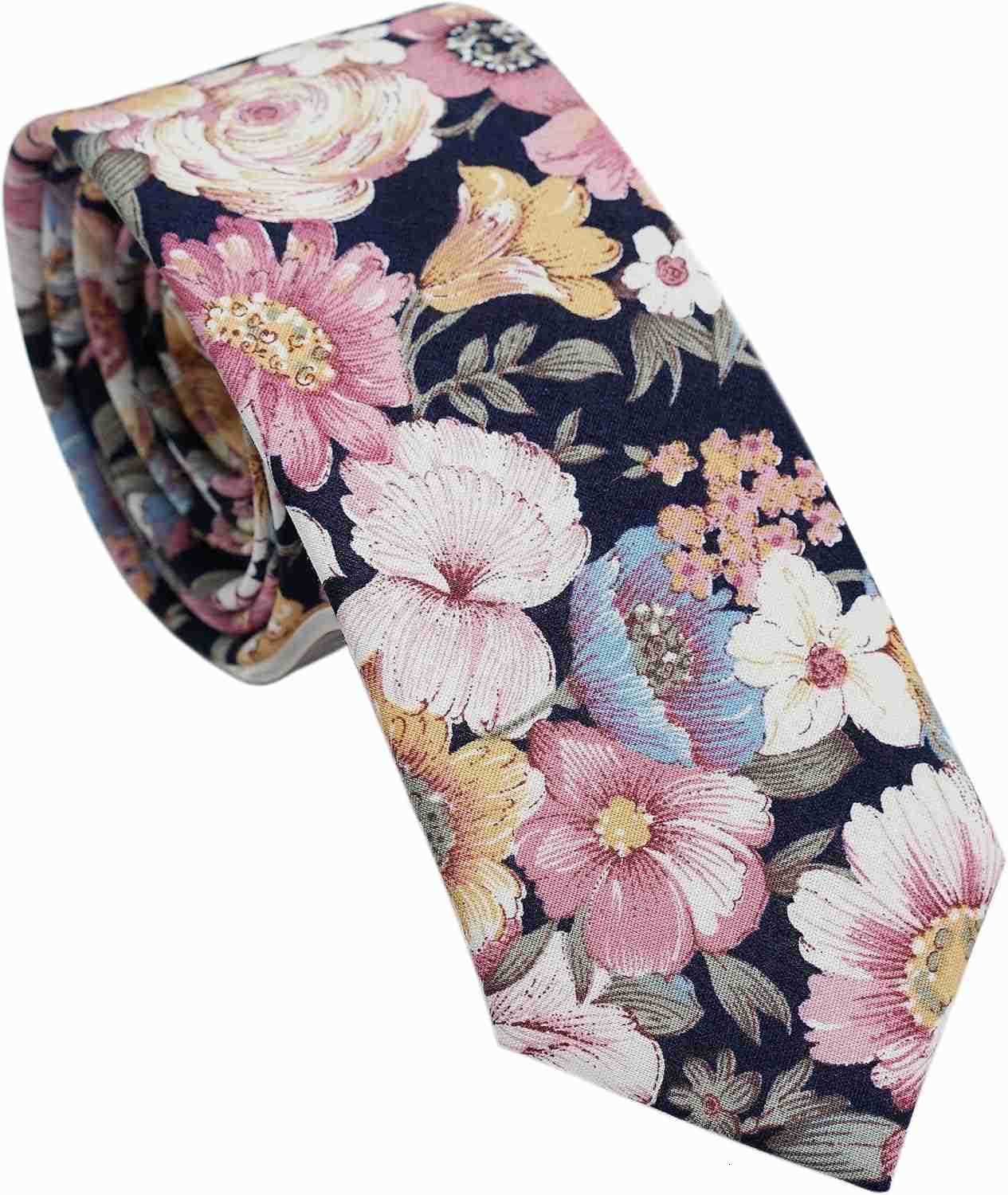 Mens Casual Skinny Floral Tie Combo Set with Flower Pocket Square 2 Cotton Necktie Hand MadeW250904