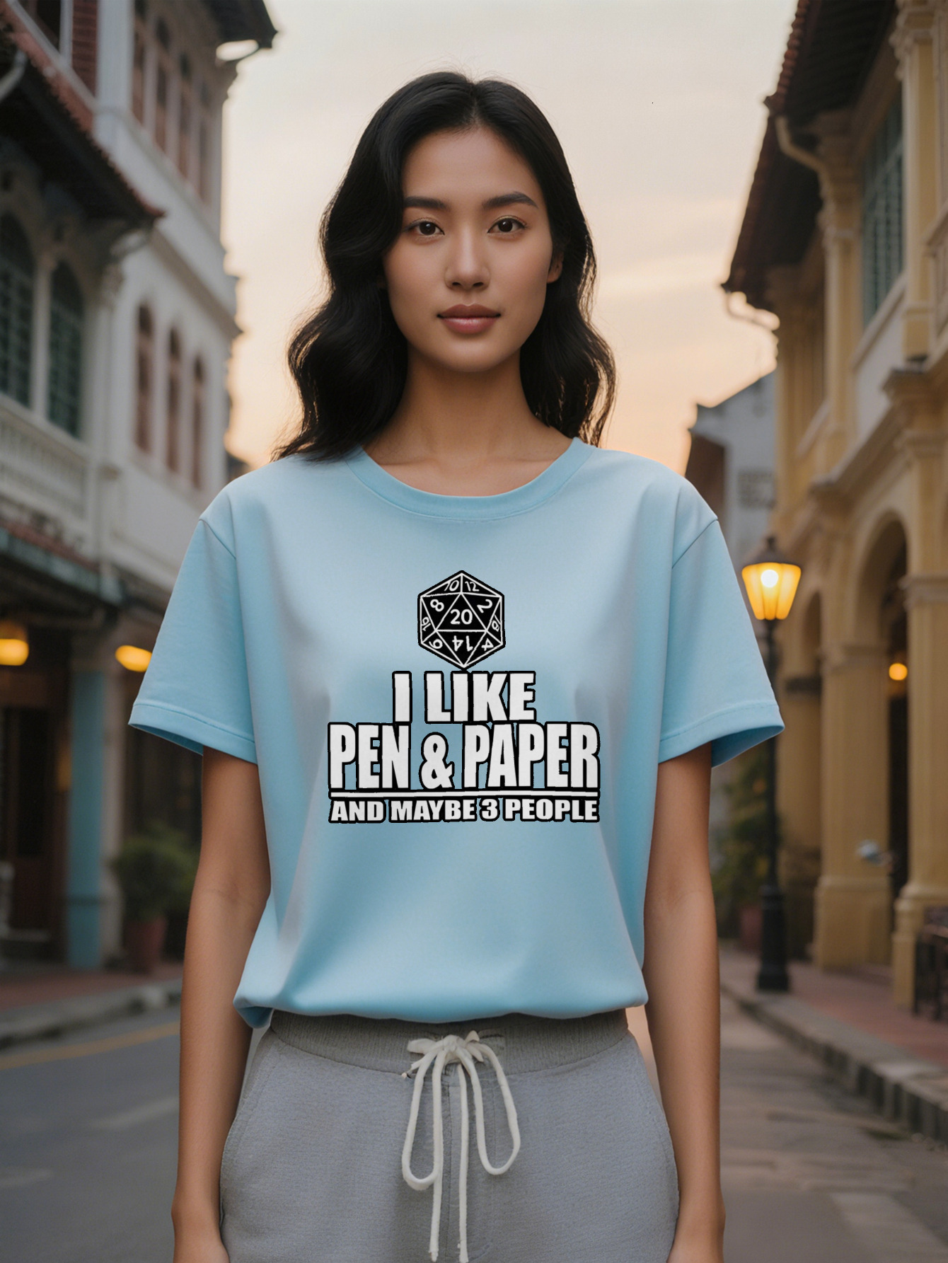 Large XL Lady Crew Neck T-Shirt with I Like Pen Paper and Dice Print Black Graphic Tee Gamers Perfect Gift for Him Casual Plus Size