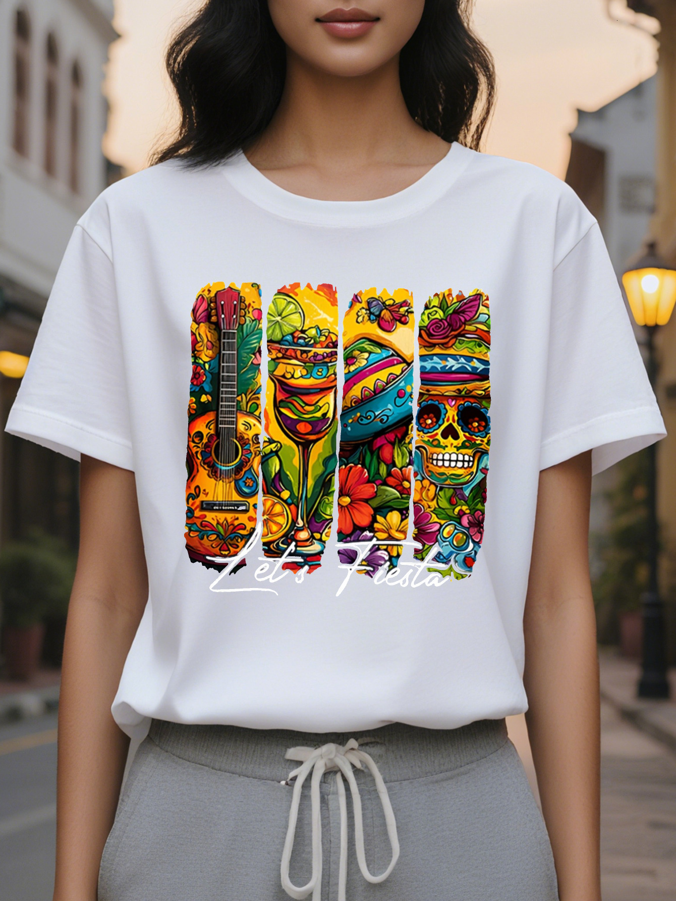 LETS FIESTA Distinctive Fashion Printed Round Neck Short Sleeve T-shirt Spring and Summer High End Slimming Women's