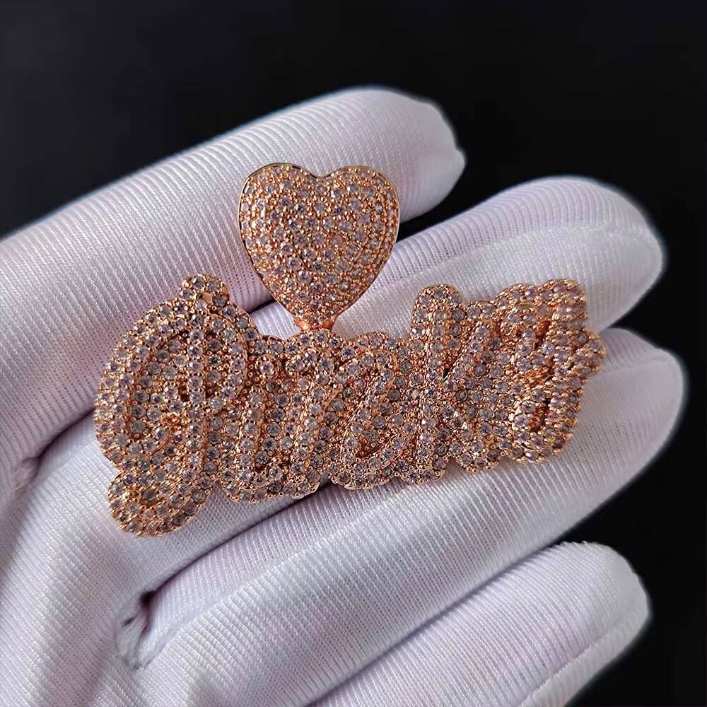 NUOYA Iced Out Moissanite Diamond Letter Pendant Necklace Rose Gold Heart Hook Design Custom Personalized Cursive Name Pendant