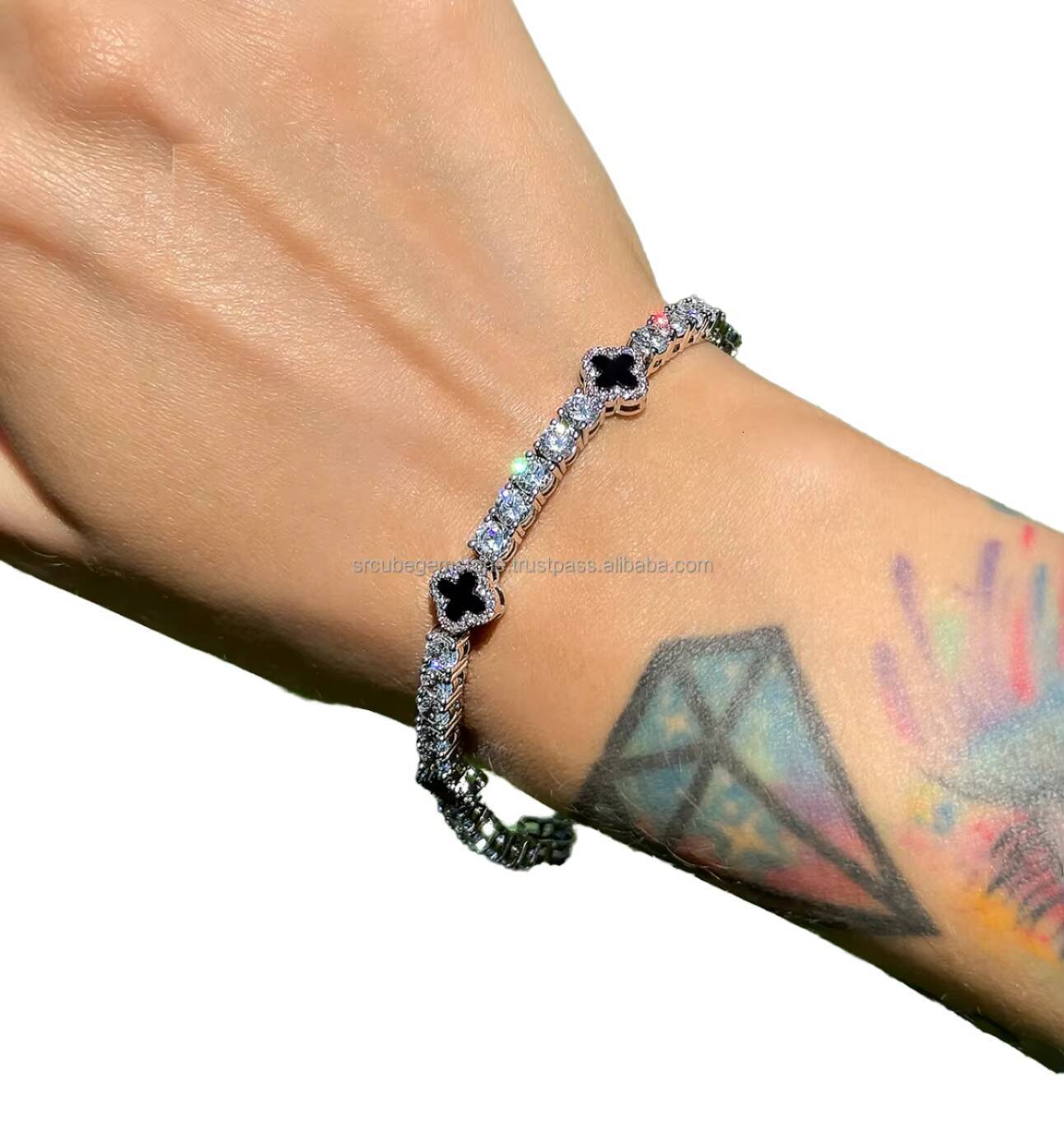 Fashion S925 Silver Tennis Bracelet 345mm Mossanite Natural Black Agate Onyx Clover Tennis Chain Gold Sterling Silver Jewelry