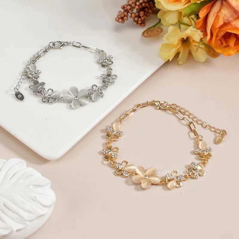 Charming SilveryGold Plated Women Pink Cats Eye Opal Flower Chain Bracelet Gift For Women GirlXJ250904