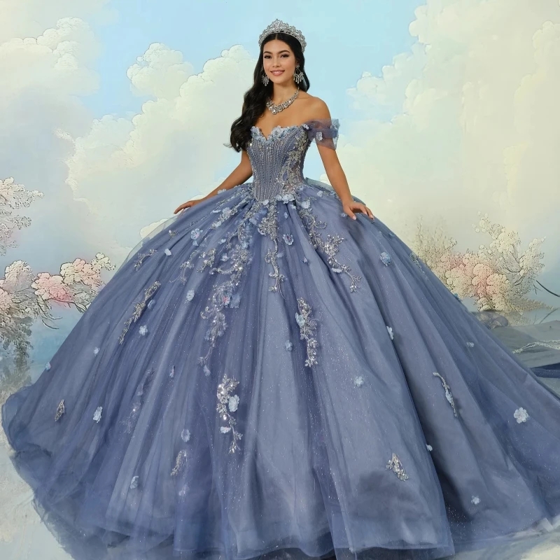 Navy Blue Shiny Quinceanera Dresses Ball Gown Off The Shoulder Applique Flower Beads Tull Sweet 16 Dress Vestidos 15 De Anos