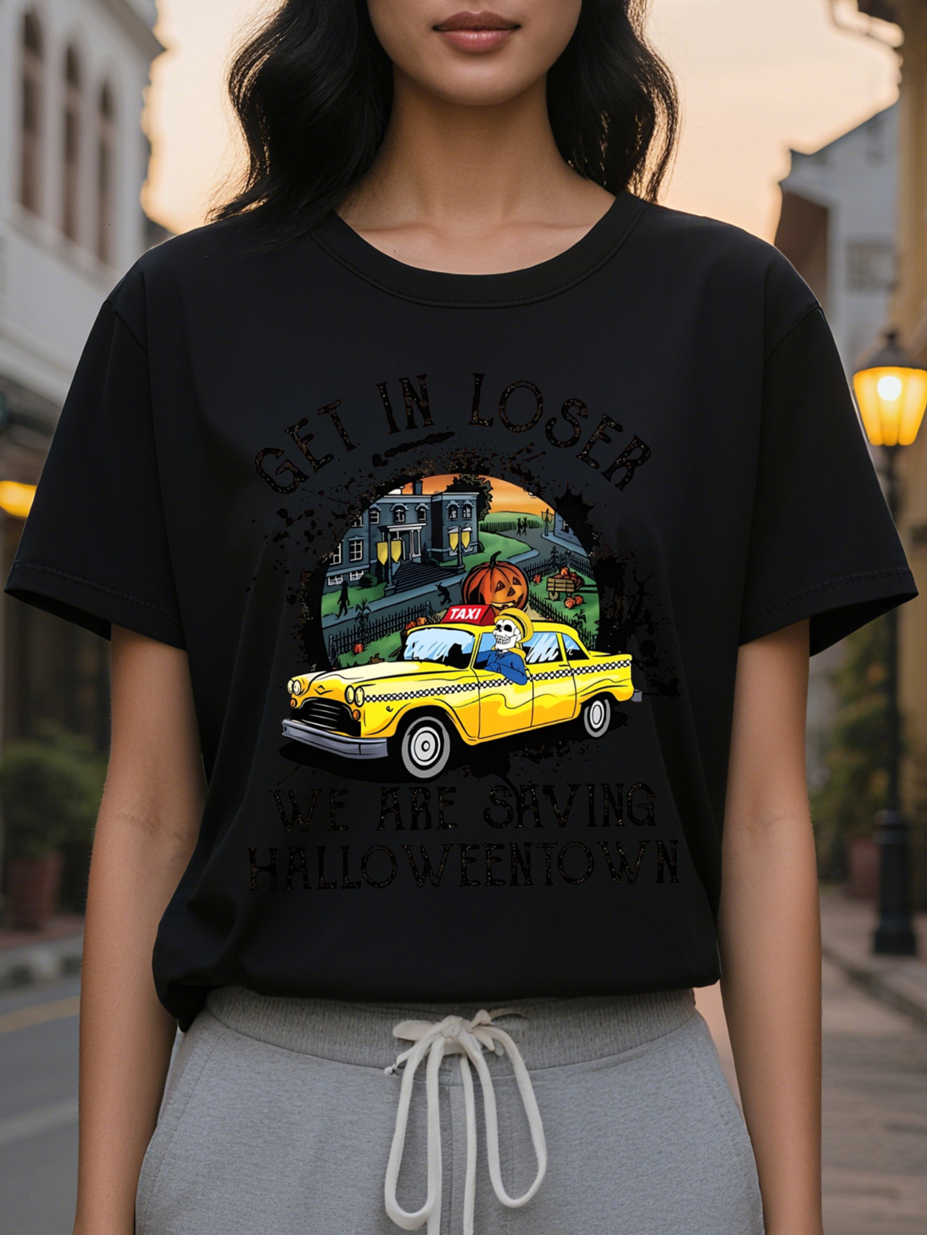 Halloween Printed Women's Spring and Summer Fitted Round Neck T-Shirt