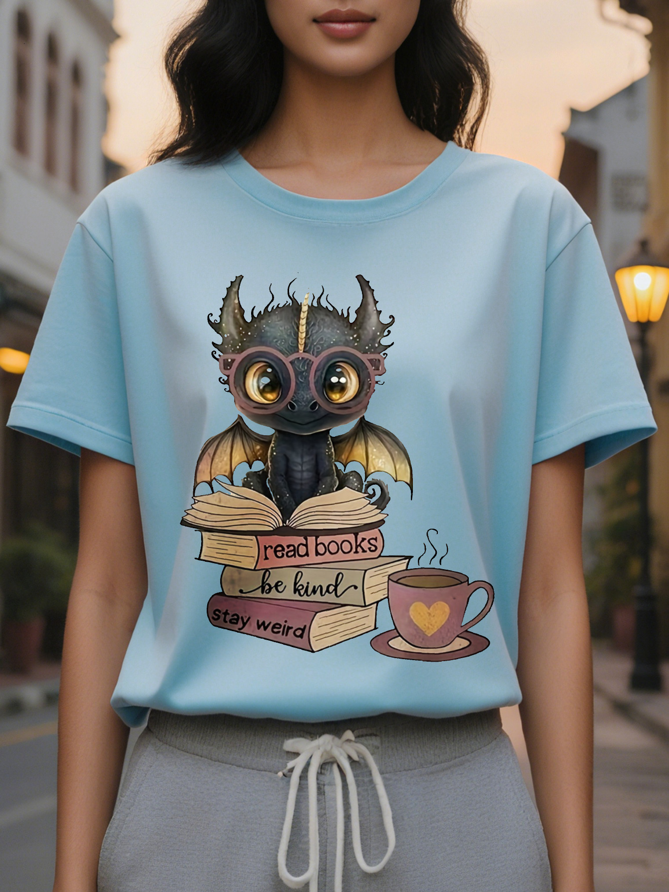 Large XL Soft Graphic Women's T-Shirt Cute Dragon Print with Read Books Be Kind Stay Weird Light Beige Round Neck Tee Plus Size