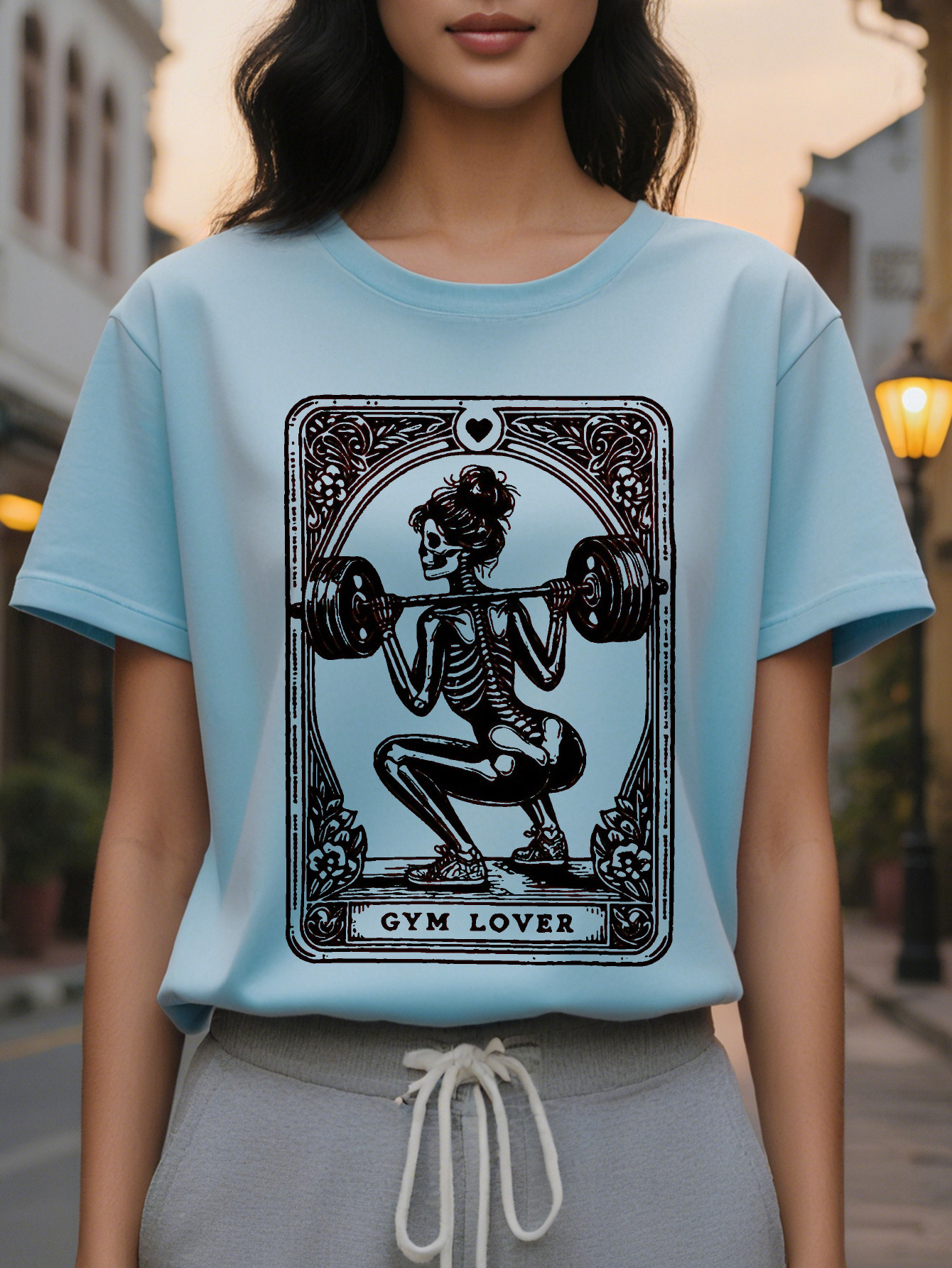 GYM LOVER ladies pattern T-shirt with skull weightlifting design in bright pink, casual loose fit suitable for gym daily wear