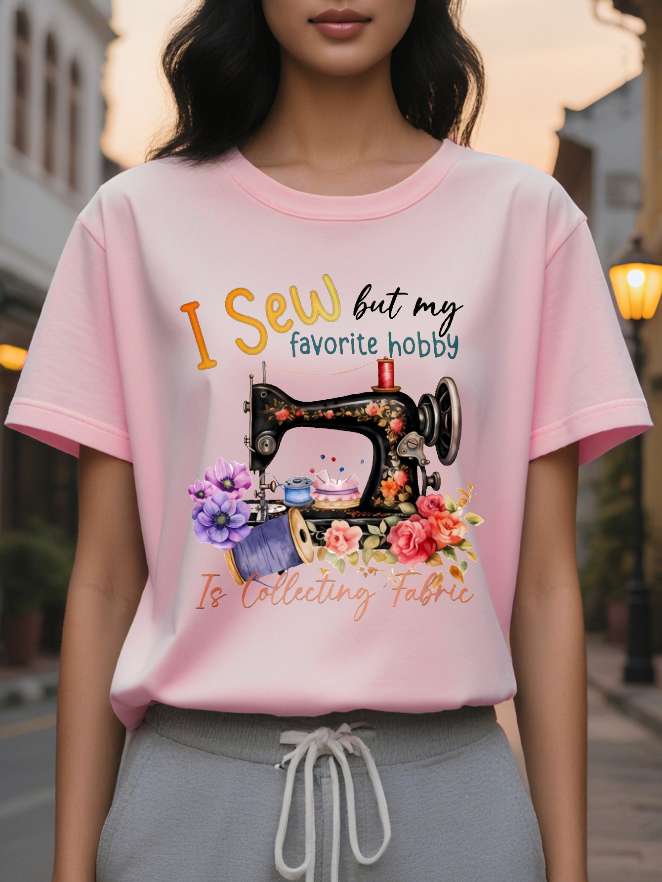 Women's Sewed But I Love Collecting Cloth Vintage Sewing and Floral T-Shirt Summer Spring Soft Stretch Round Neck