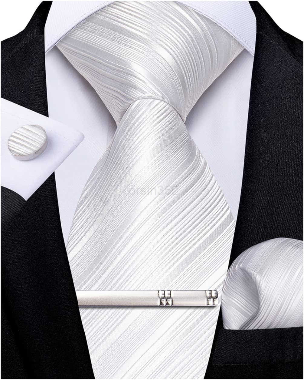 Mens Silk Necktie Solid Color Tie and Pocket Square Cufflink Tie Clip Set Woven Plain Ties for Men Wedding PartyW250904