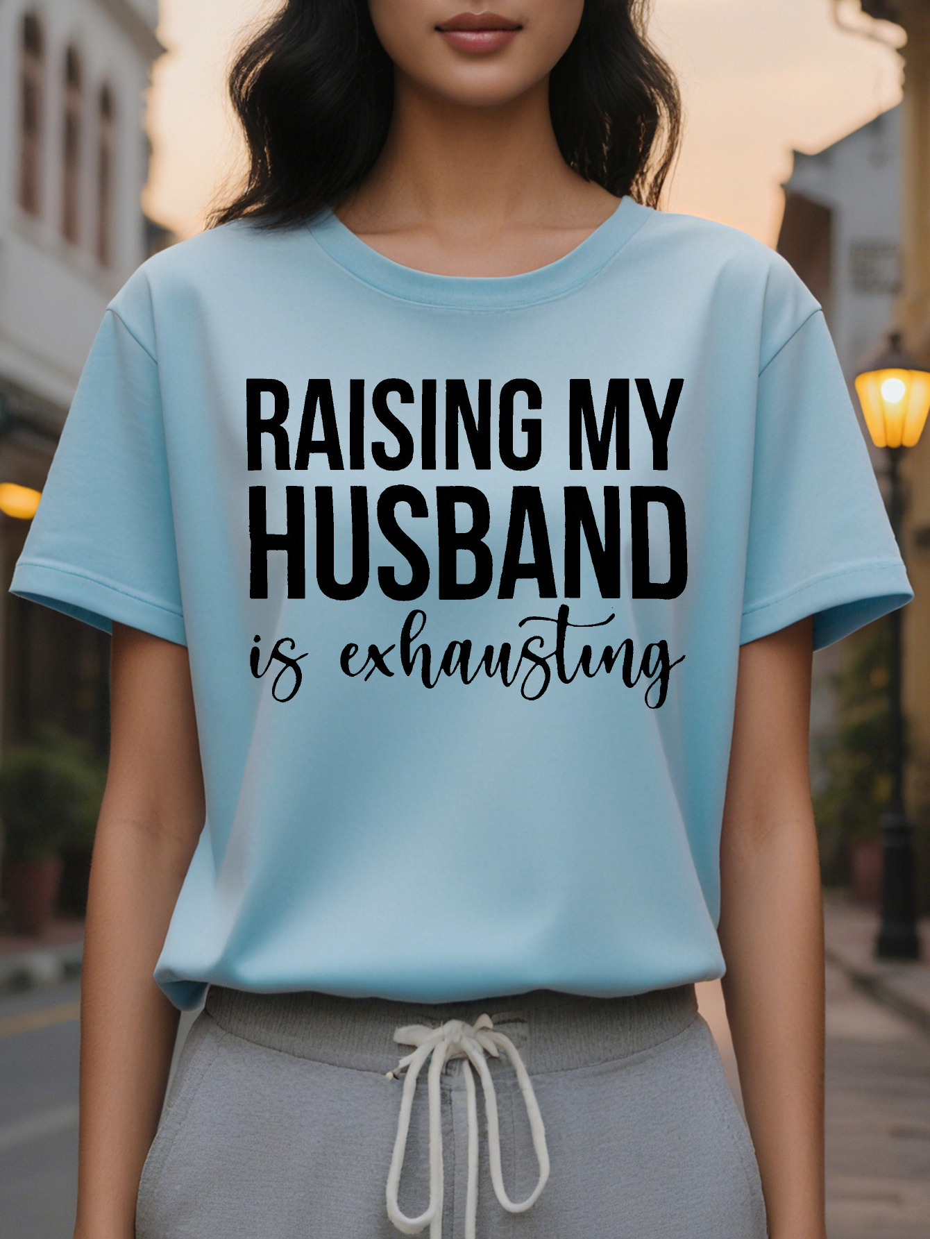 Large XL Women's Raising My Husband Is Exhausting Graphic T-Shirt Soft Stretchy Summer Tee with Bold Text Print Round Neck Plus Size