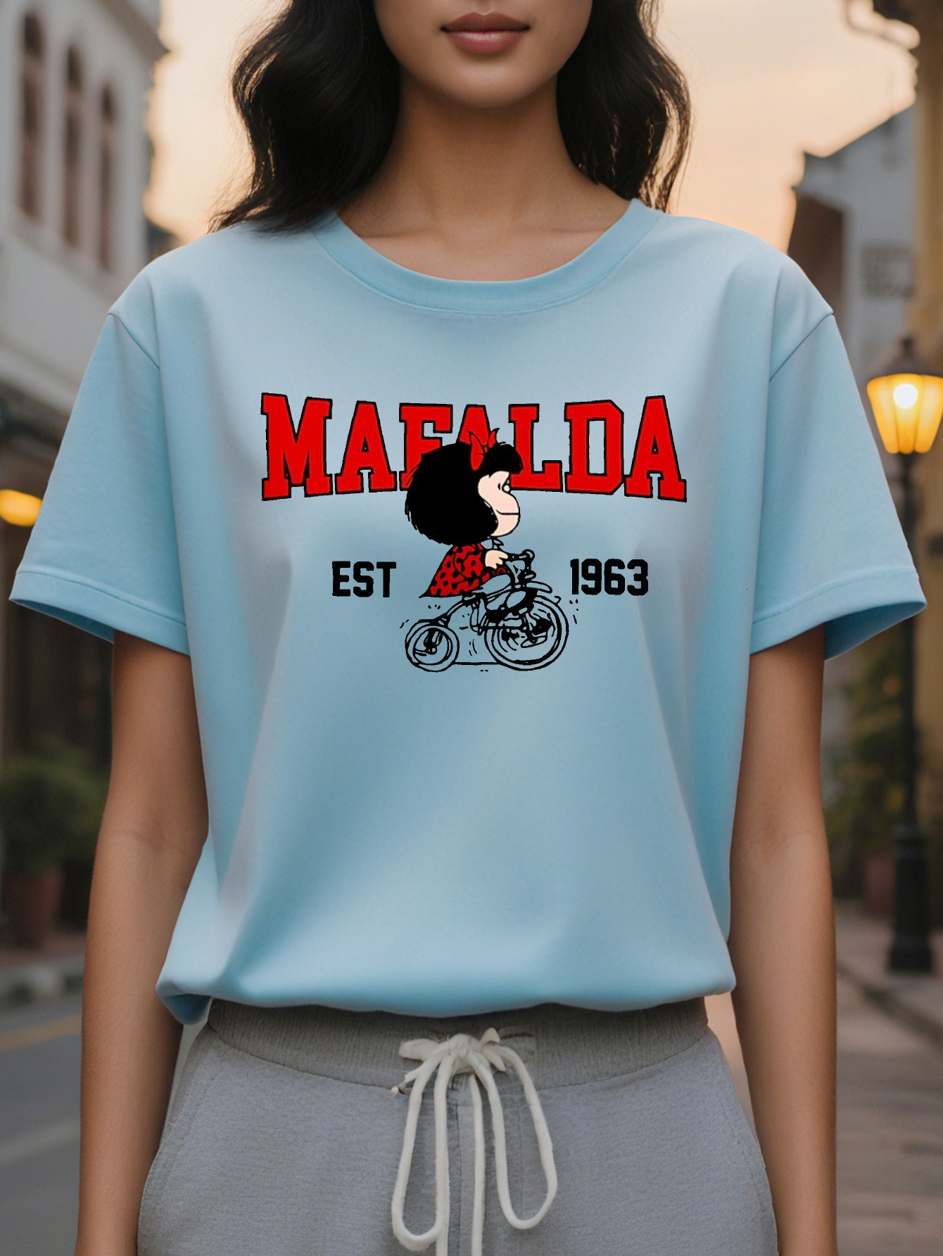 100% Cotton Ladies Vintage Printed T-Shirt Bright Pink MAFALDA Bike Pattern Loose Casual Short Sleeve Top Spring Summer