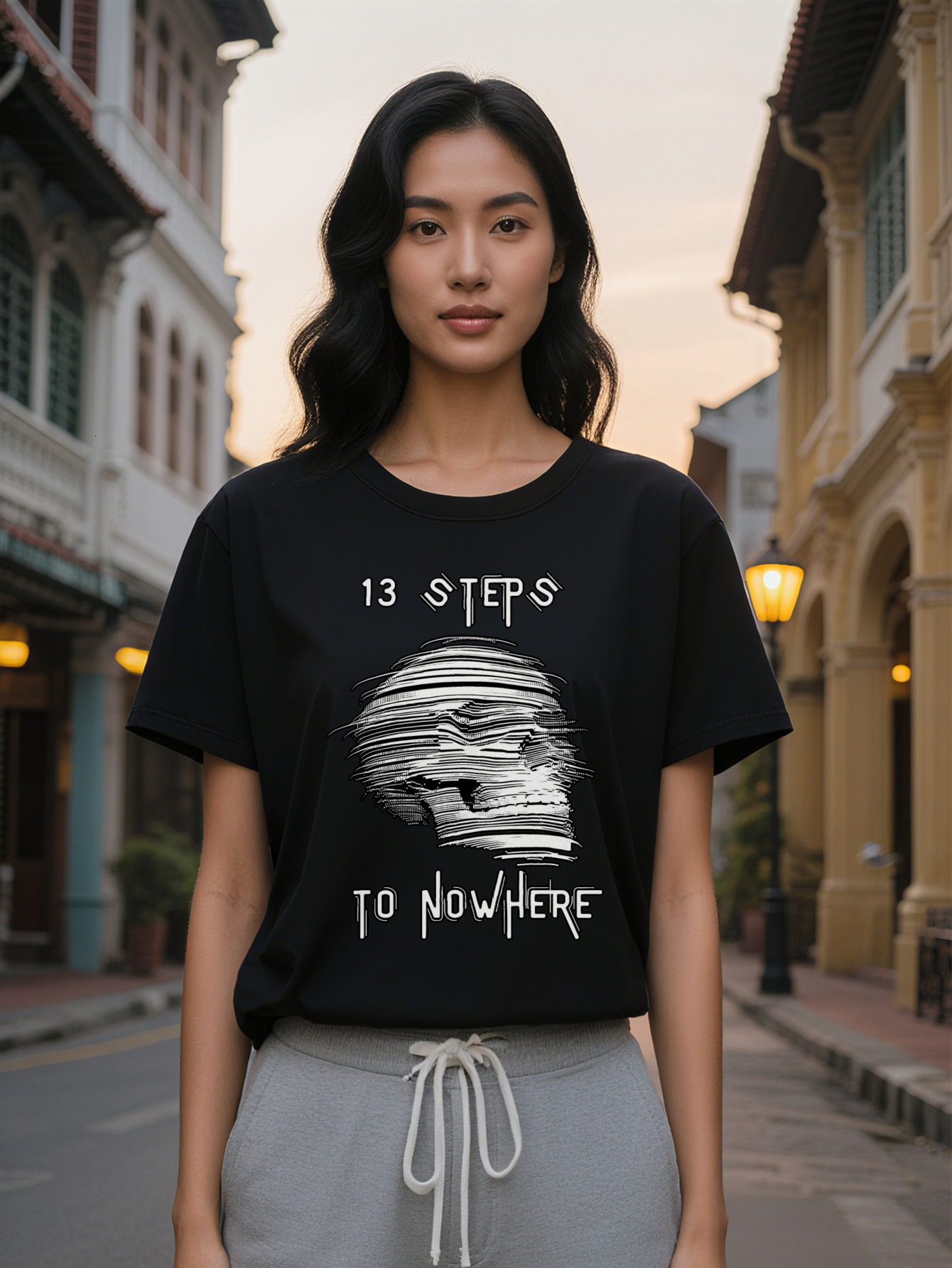 Large XL Casual Round Neck T-Shirt Black Background White Line Print Pattern Top for Women Gift Plus Size