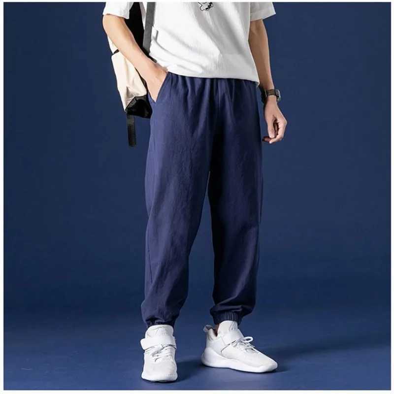 Summer New Men Cotton Hemp Thin Solid Sweatpants Streetwear Fashion Elastic Waist Harajuku Loose Casual Straight Sports TrousersXJ250904
