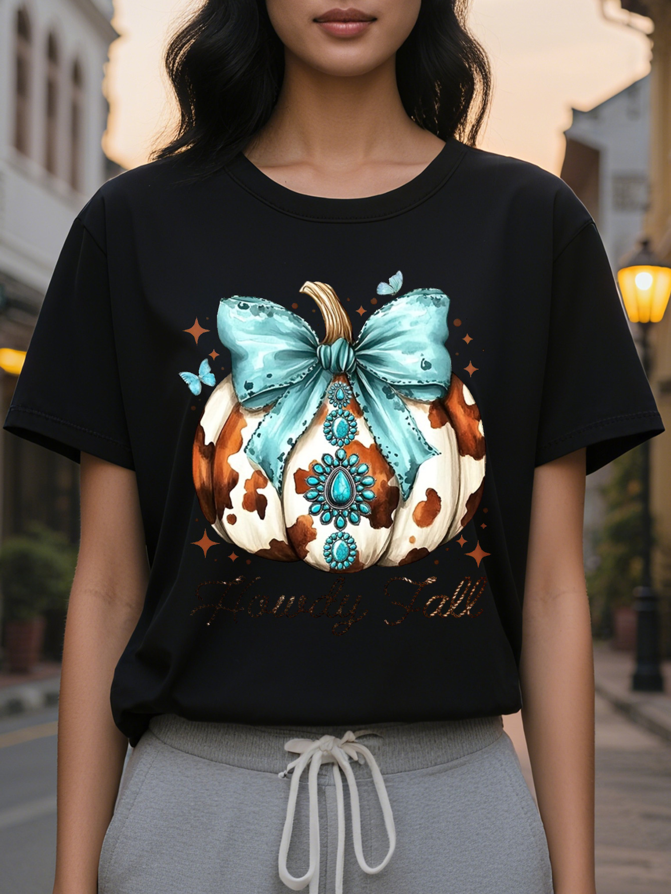 Pumpkin Print Crew Neck T-shirt Casual Short Sleeve Top for Spring Summer Women's Clothing