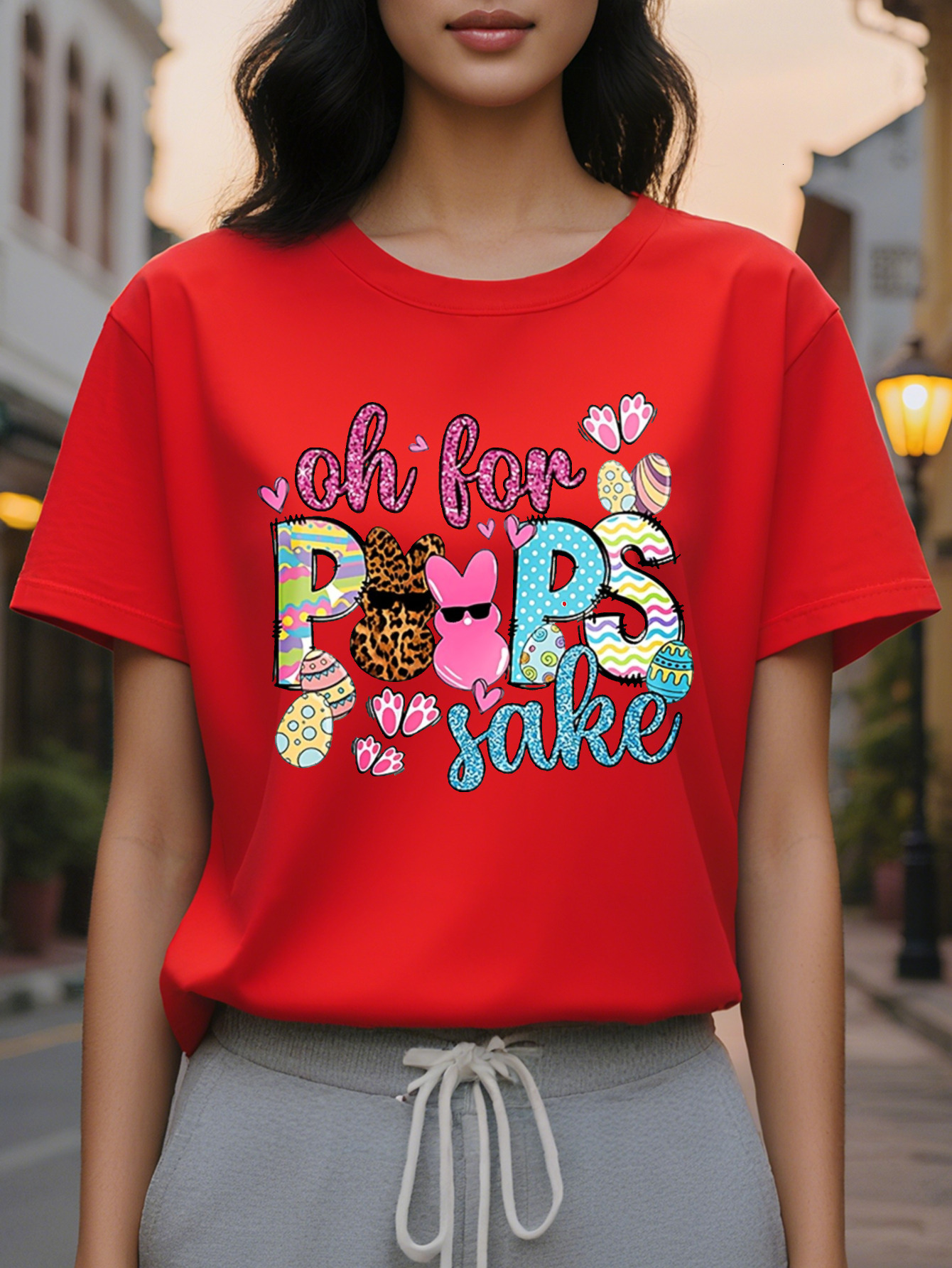 Happy Easter Peeps American Printed Pattern Spring and Summer New Fashion Round Neck T-shirt Slim Fit Slimming Women's