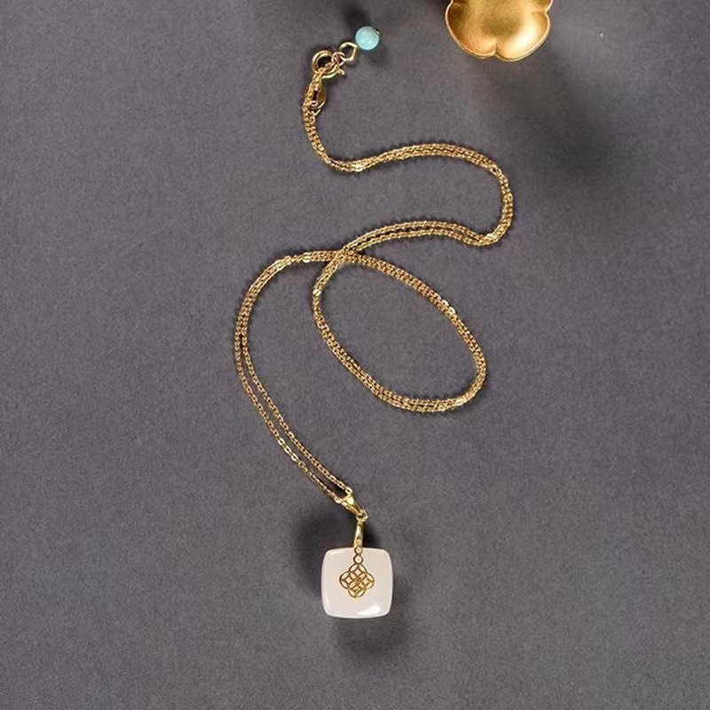 sNew silver Hetian white jade square pendant necklace exquisite gold cold wind light luxury charm noble women brand jewelry
