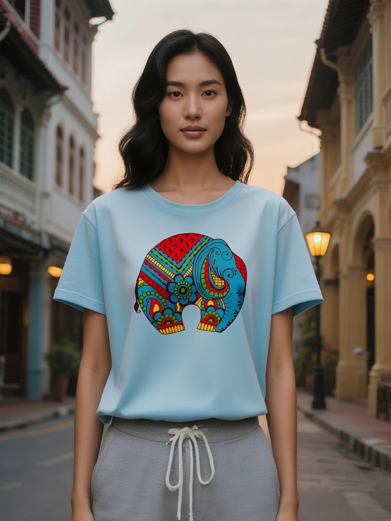 Casual Short Sleeve T-Shirt with Vibrant Geometric Elephant Print Black Round Neck Summer Tee, Washable Regular
