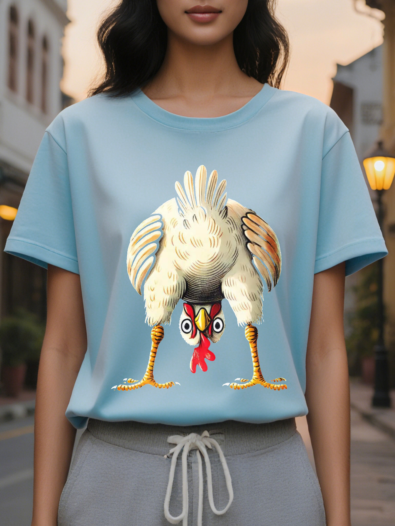 Women's Interesting Chicken Pattern Short Sleeve T-Shirt Black Round Neck Casual Jacket Cartoon Washable