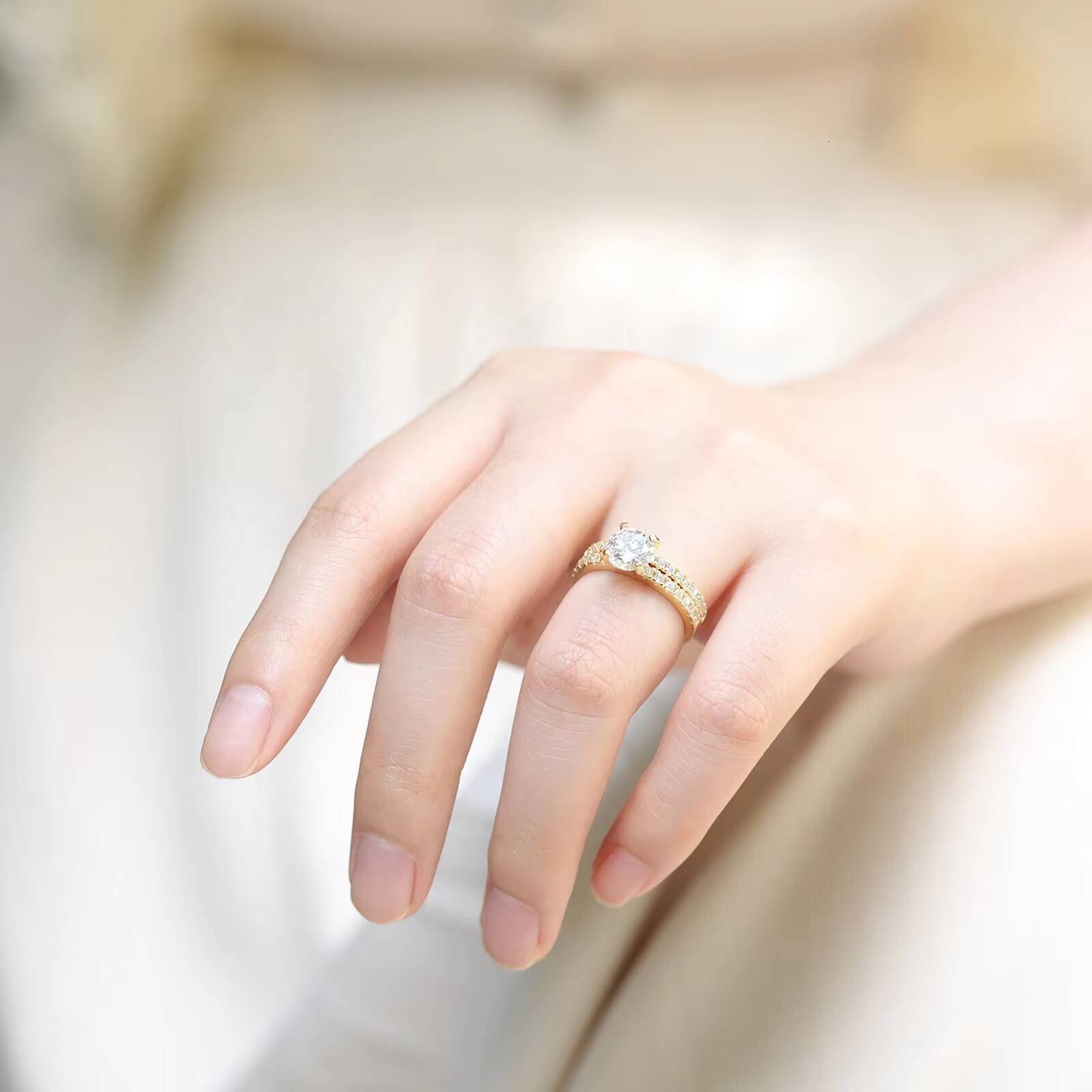 OAHLAN 14K Gold Plated 125CT 925 Sterling Silver Bridal Ring Sets Women Round Moissanite Promise Rings Engagement Wedding Bands