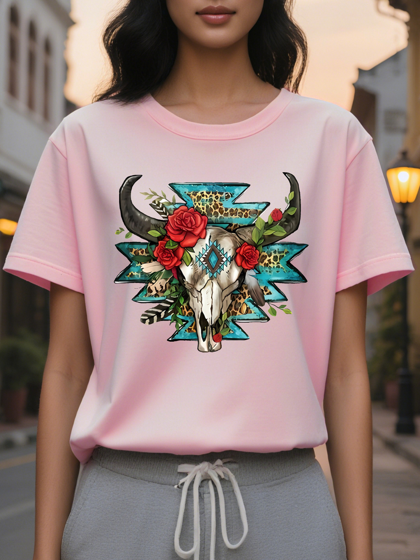 Women s Western Style Short Sleeve T Shirt Black Round Neck Casual Top Skull Rose and Feather Design, washable