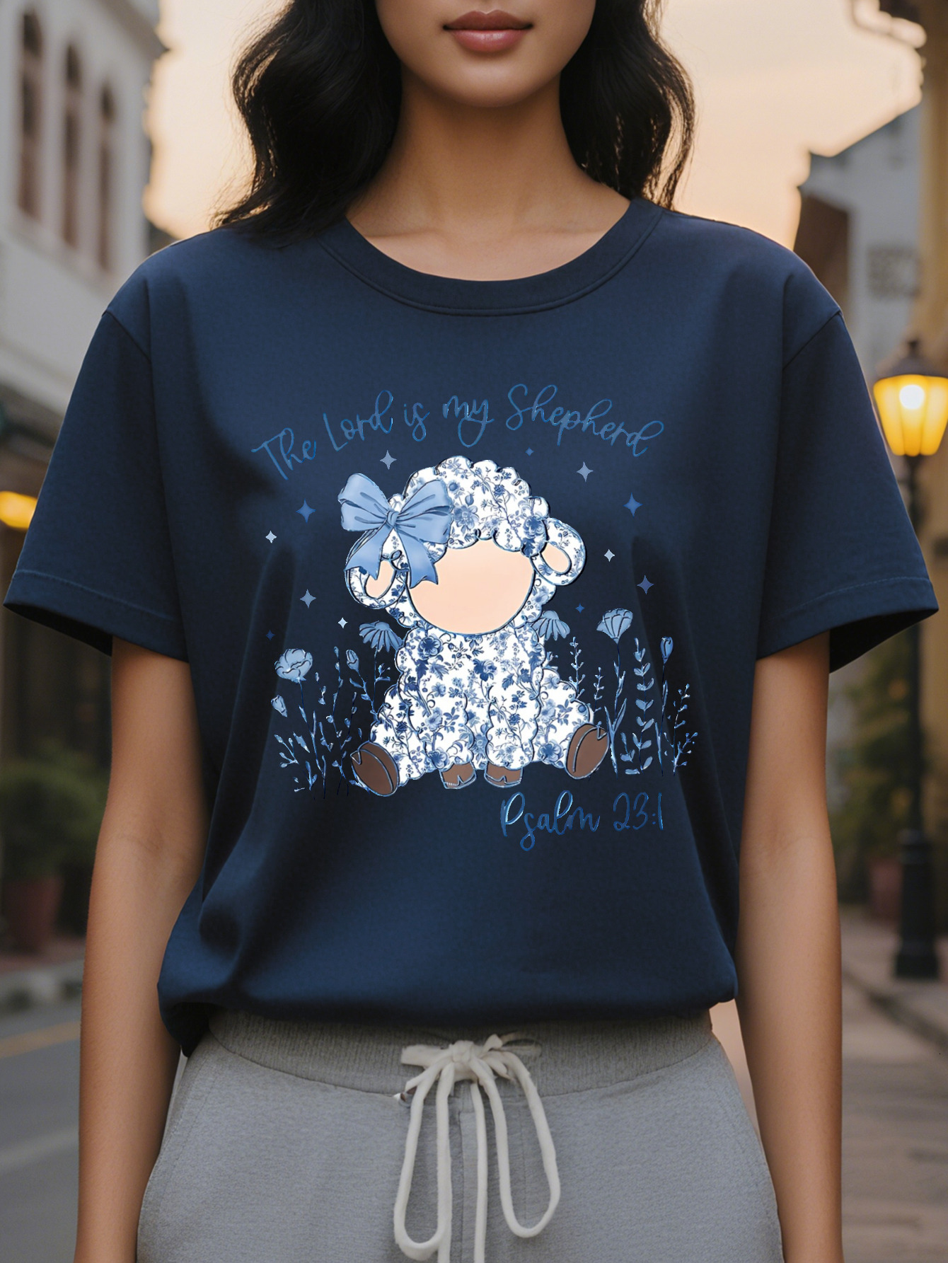 Women S Light Blue The Lord is my Shepherd T-Shirt Christian Faith Graphic Short Sleeve Round Neck SpringSummer