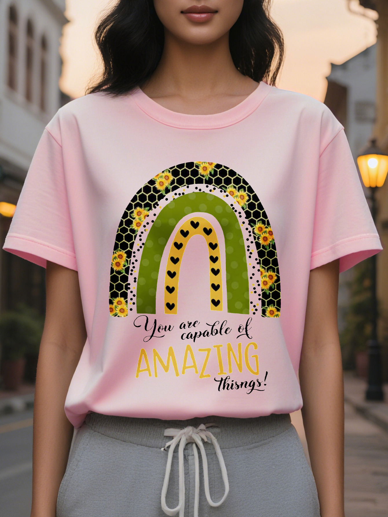 Women's T-shirt with design 'You Have the Ability to Do Amazing Things', featuring a rainbow floral pattern, round neck, and autumn sle