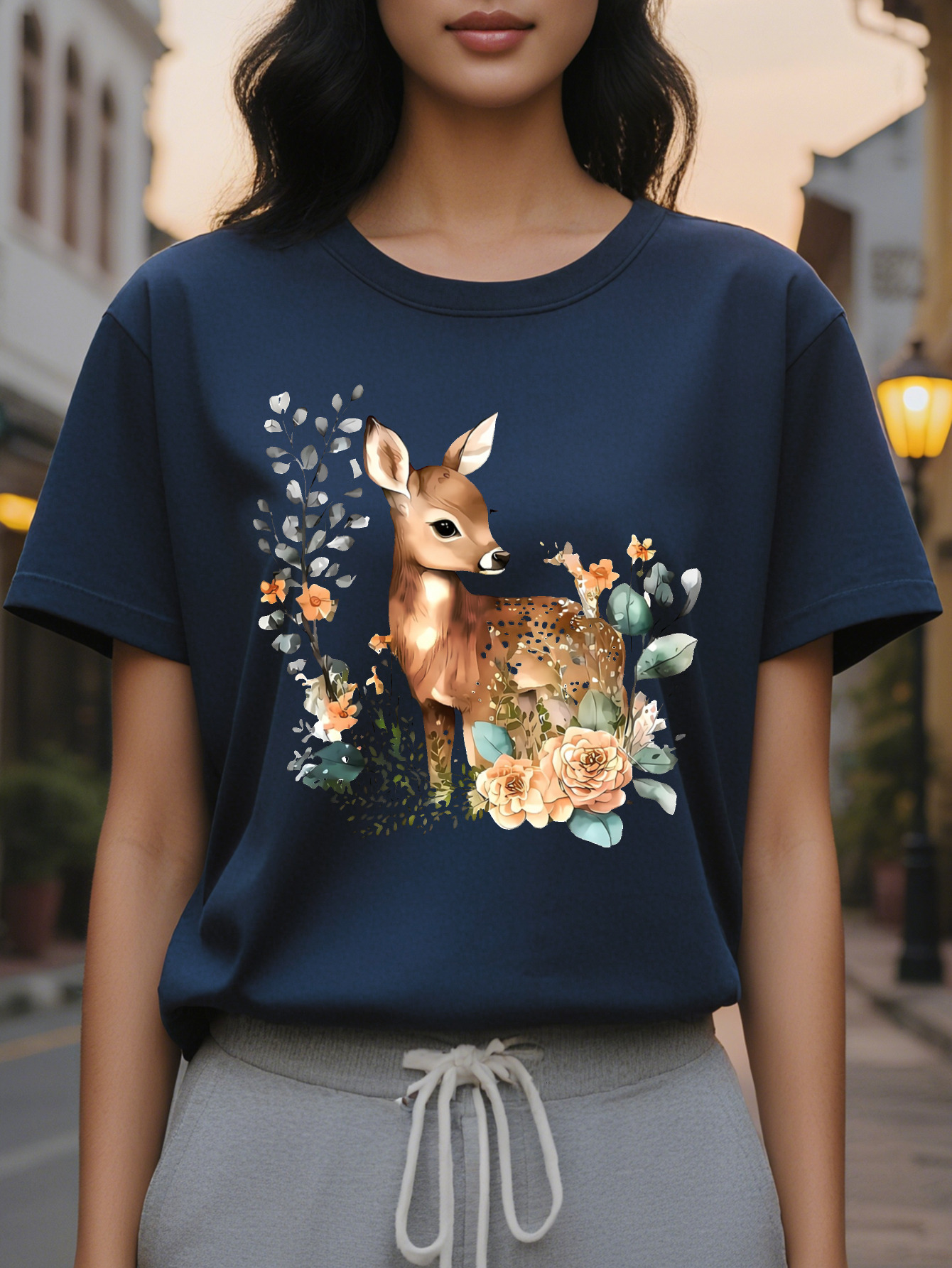 Women S Crew Neck T-Shirt and Print Short Sleeve SpringSummer Collection Cotton White with Brown Deer Design Casual