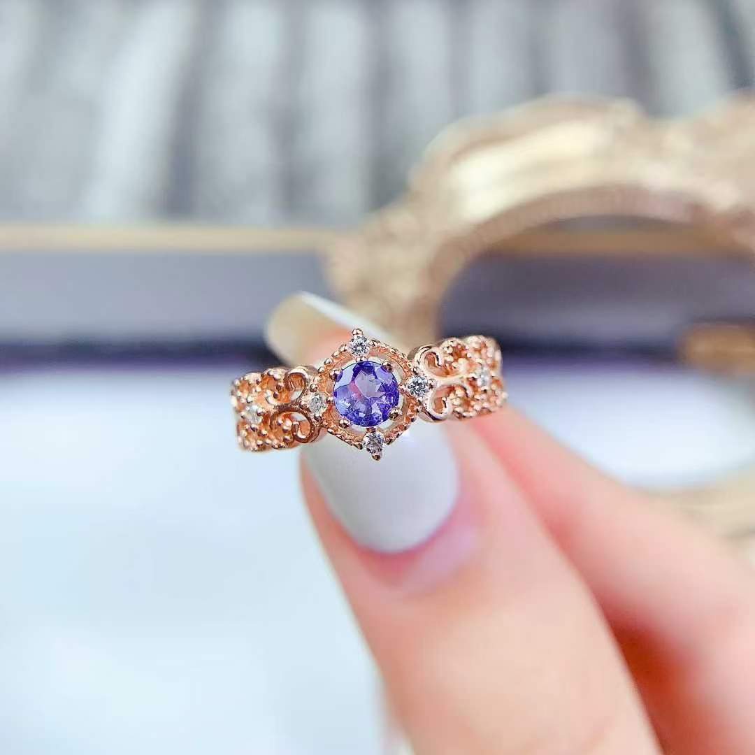 925 silver lace design ring natural tanzanite ring 4mm real tanznaite jewelry 18K gold plated sivler gemstone jewelry