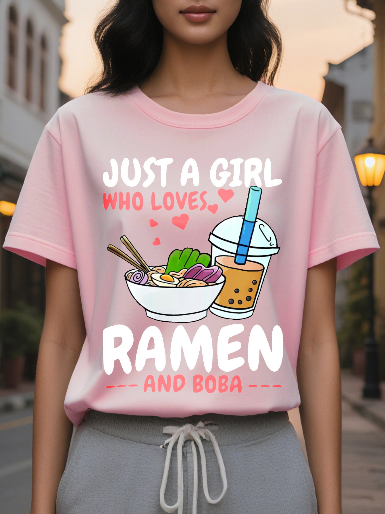 Large XL Ramen Letter Print Crew Neck T-shirt Casual Short Sleeve Top for Spring Summer Women's Clothing Plus Size