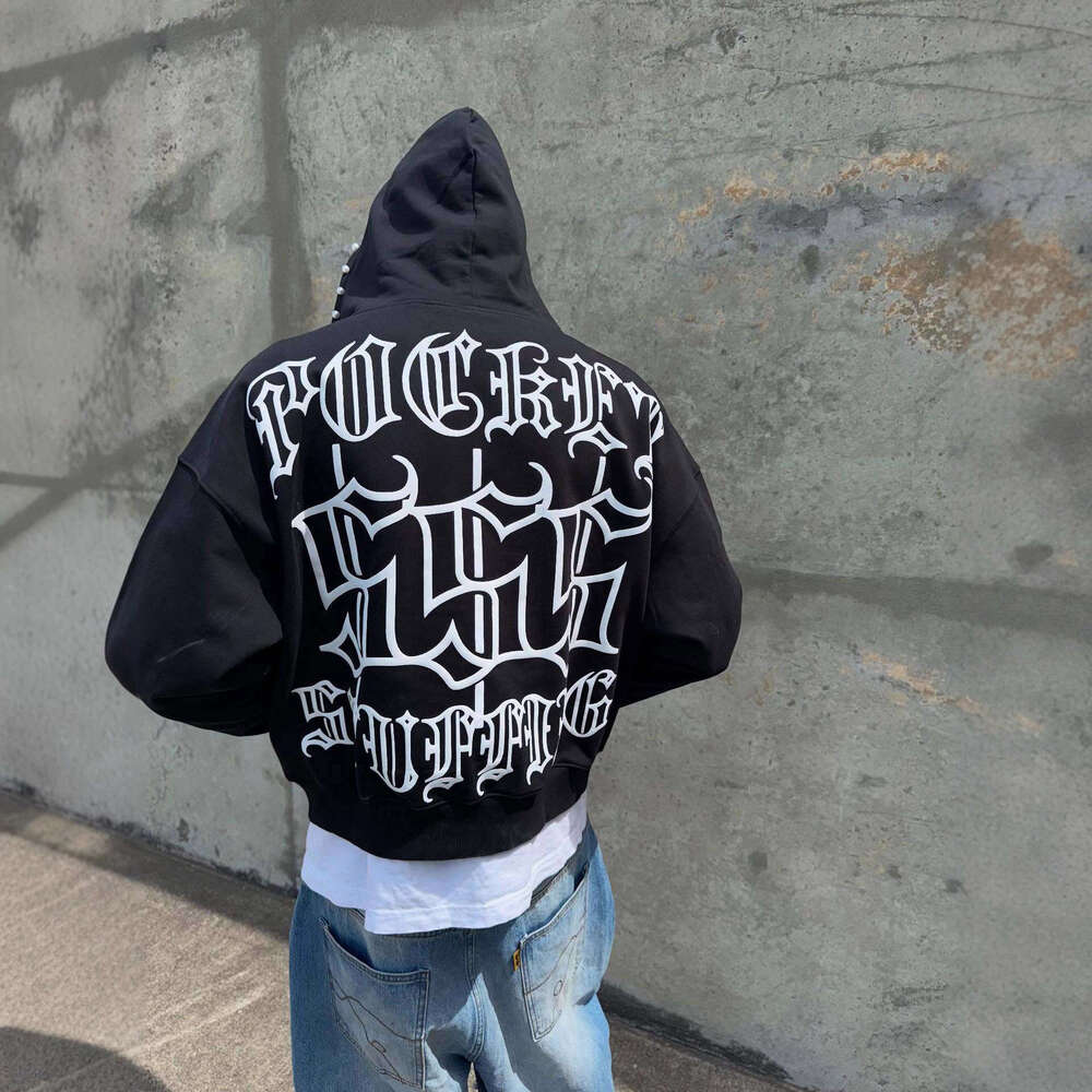 Street Trend Y2K Hooded Cardigan Letter Casual Print Sweatshirt Unisex Black