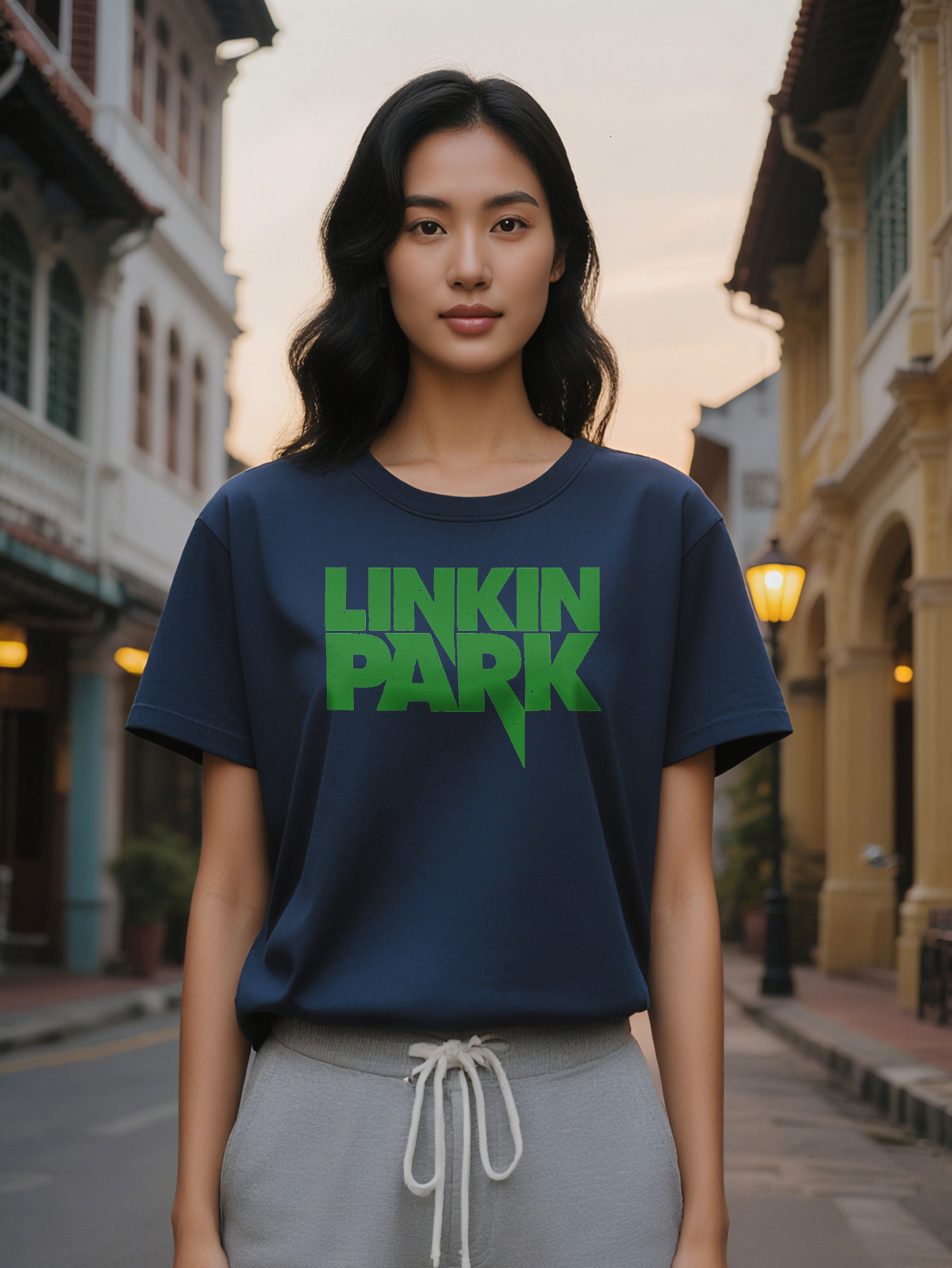 Large XL Casual Versatile Crew Neck T-Shirt with Green Rectangular Linkin Park Print Black Short Sleeve Top Perfect Gift for Plus Size