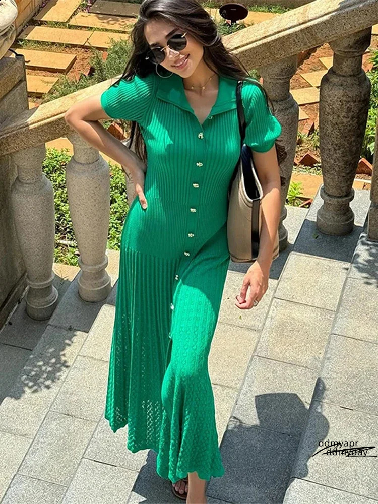 Chic Patchwork Knitted Maxi Dress For Women Elegant Short Sleeve Ddmyday Hollow Out Ribbed Long Dresses O-Neck High Waist Lady Knitwear 240828 Ddmyday