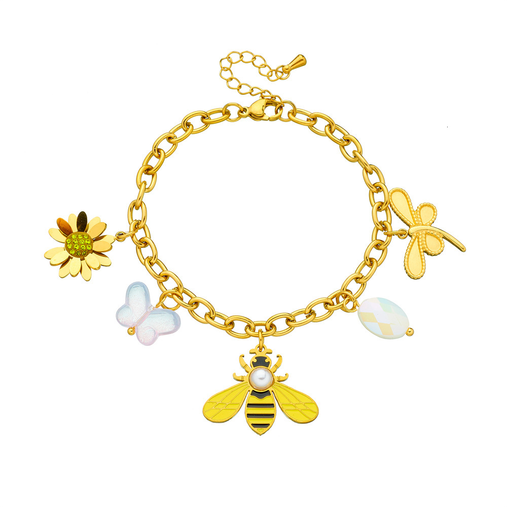 New Gold-Plated Multi-Element Accessories Insect Animal Pendant Butterfly Bee Flower Stainless Steel Chain Bracelet