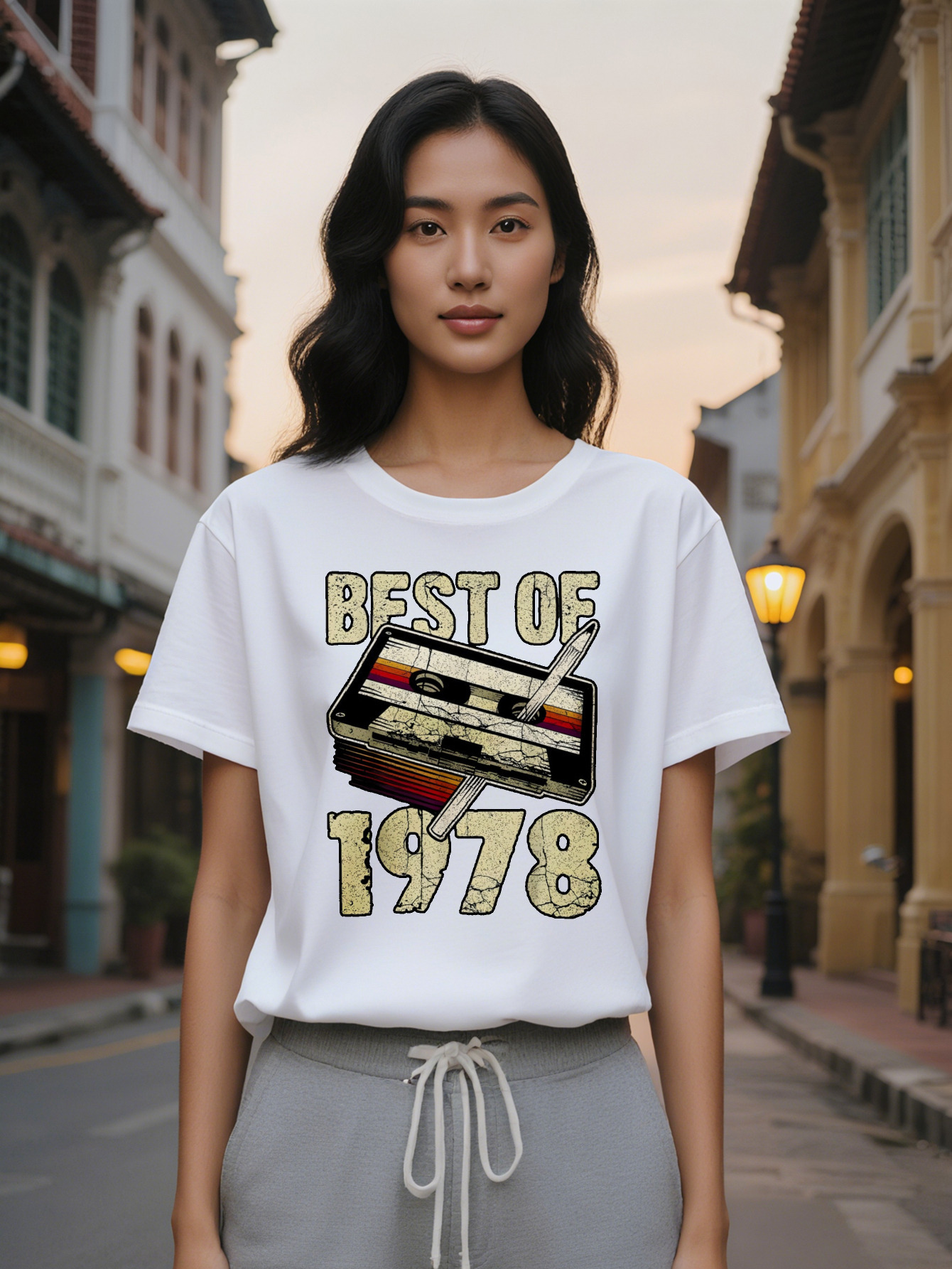 Lady Retro Cassette Tape Graphic T-Shirt Design with Best of Text Casual Round Neck Tee Lightweight Summer