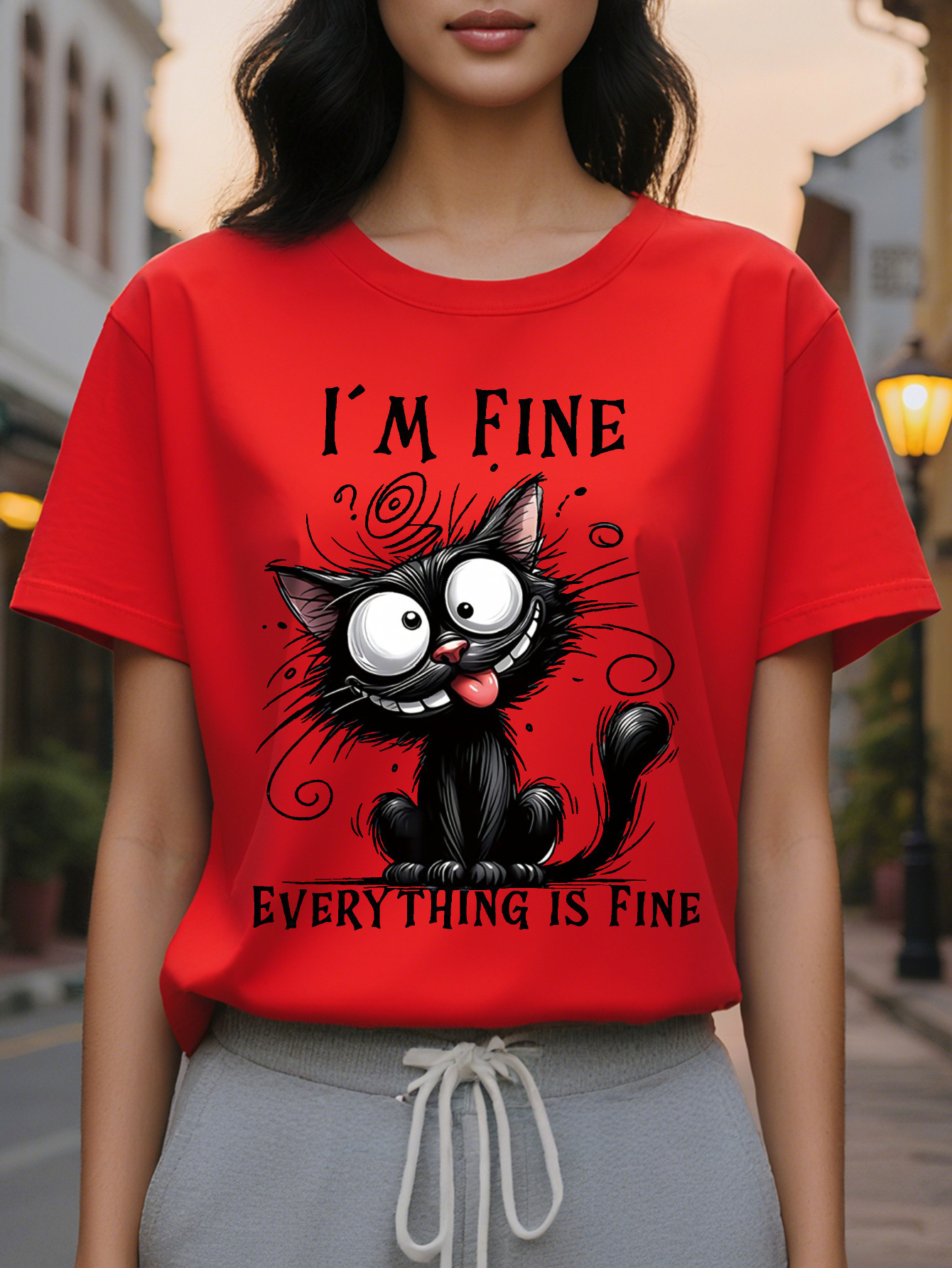 Large XL Humorous Casual Women's T-Shirt Light Yellow Short Sleeve I'm Everything Is Fine Graphic Print Crew Neck Summer Fit Plus Size