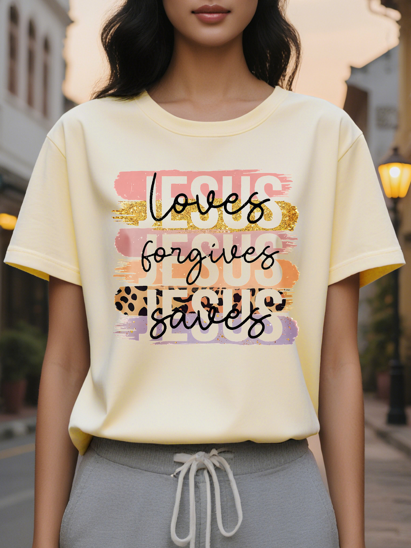 Fall in Love with Jesus Short Sleeve T-Shirt Round Neck Casual Top for Summer and Spring Women's Clothing Beautiful
