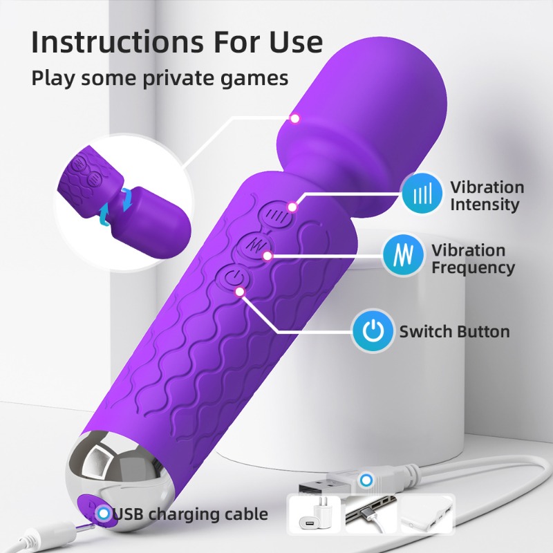 Electric handheld personal massager vibrator - waterproof, USB rechargeable, 20 vibration modes, 8 speeds, memory function, skin soft silicone, ultima