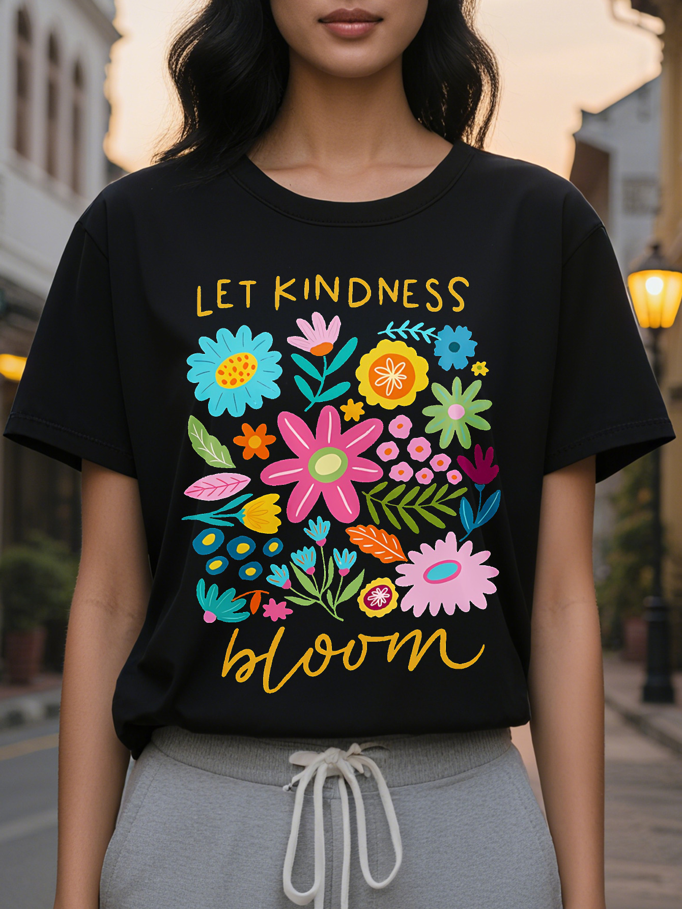 Large XL Women S Casual Floral Print T-Shirt Let Kindness Bloom Design with Vibrant Flowers Short Sleeve Crew Neck Perfect Plus Size