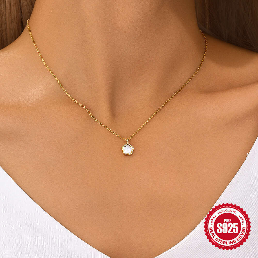 Fashionable Light Pure Sier INS Simple Style Five-Petal Flower White Shell Elegant Classic Women's Collarbone Necklace