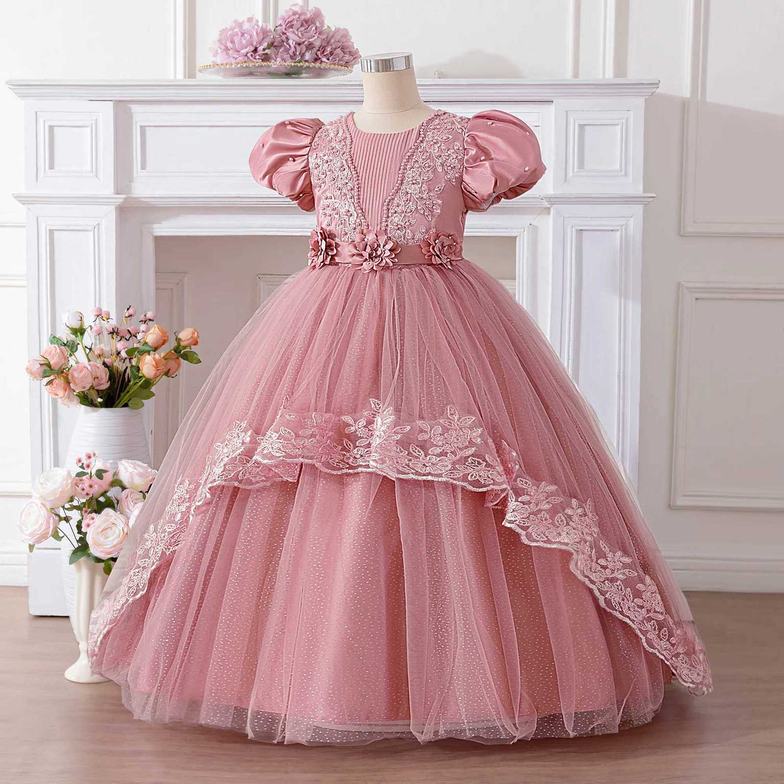 Elegant Flower Party Girls Dresses Puff Sleeve Beading Bridesmaids Wedding Princess Prom Dress Girl Tulle Birthday Evening Gown Z250904
