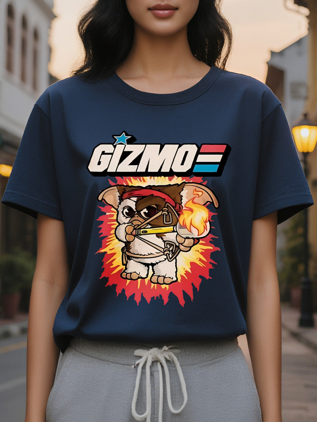 Fashion Glamour Women's GIZMO T-shirt Light Gray Cartoon Dog Print Short Sleeve Round Neck Cotton Spring