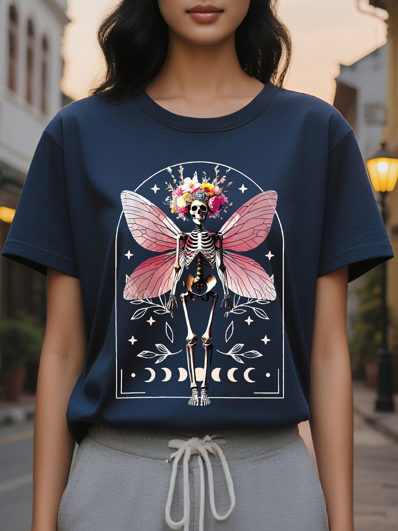 Large XL Women's Dark Gothic Floral Skeleton Graphic Tee Soft Round Neck T-Shirt for Everyday Halloween Outfits Washable Plus Size