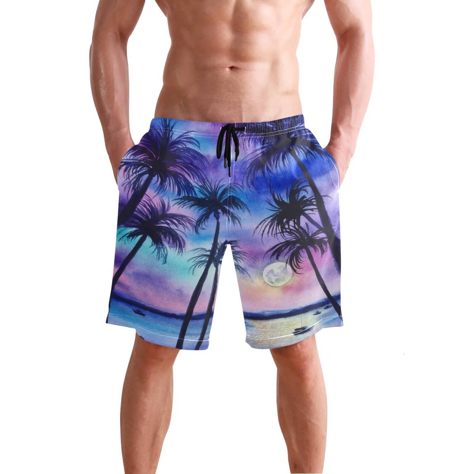 Summer Men's Fashion Swimming Trunks Hawaiian Palm Tree Printed Beach Quick-Drying Sea Fishing Holiday Shorts Men