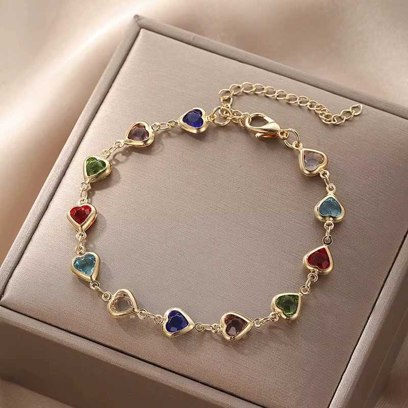 FTCY Summer Vintage Heart Shape Crystal Bracelet For Women Gold Color Chain Birthday Party Jewelry Gift For Women Girl W250904