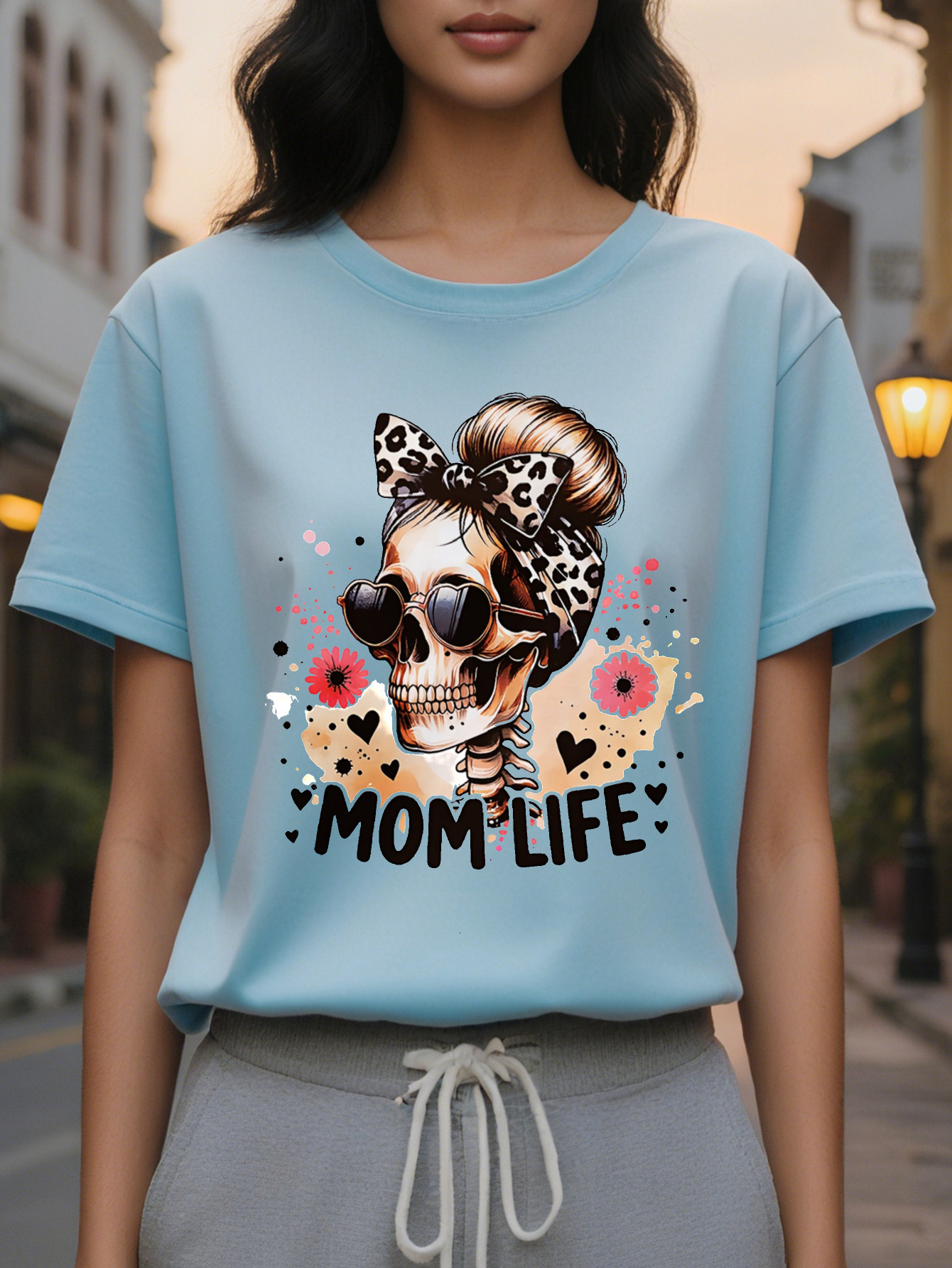 Women's Halloween T-shirt Fashion Glasses Skull Leopard Bow Flower Printing MOM LIFE Text Casual Short Sleeve Crew