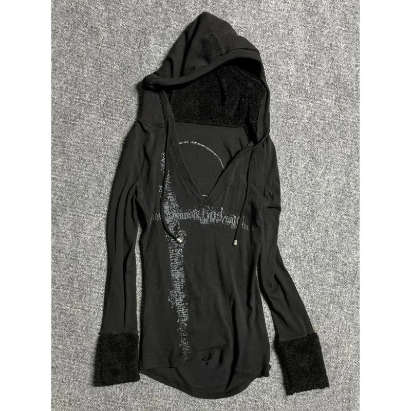 Deeptown Y2k Black Vintage Printed Hoodies Women V Neck Long Sleeve American Fashion Hooded Sweatshirt Streetwear Hip Hop Spring 250904