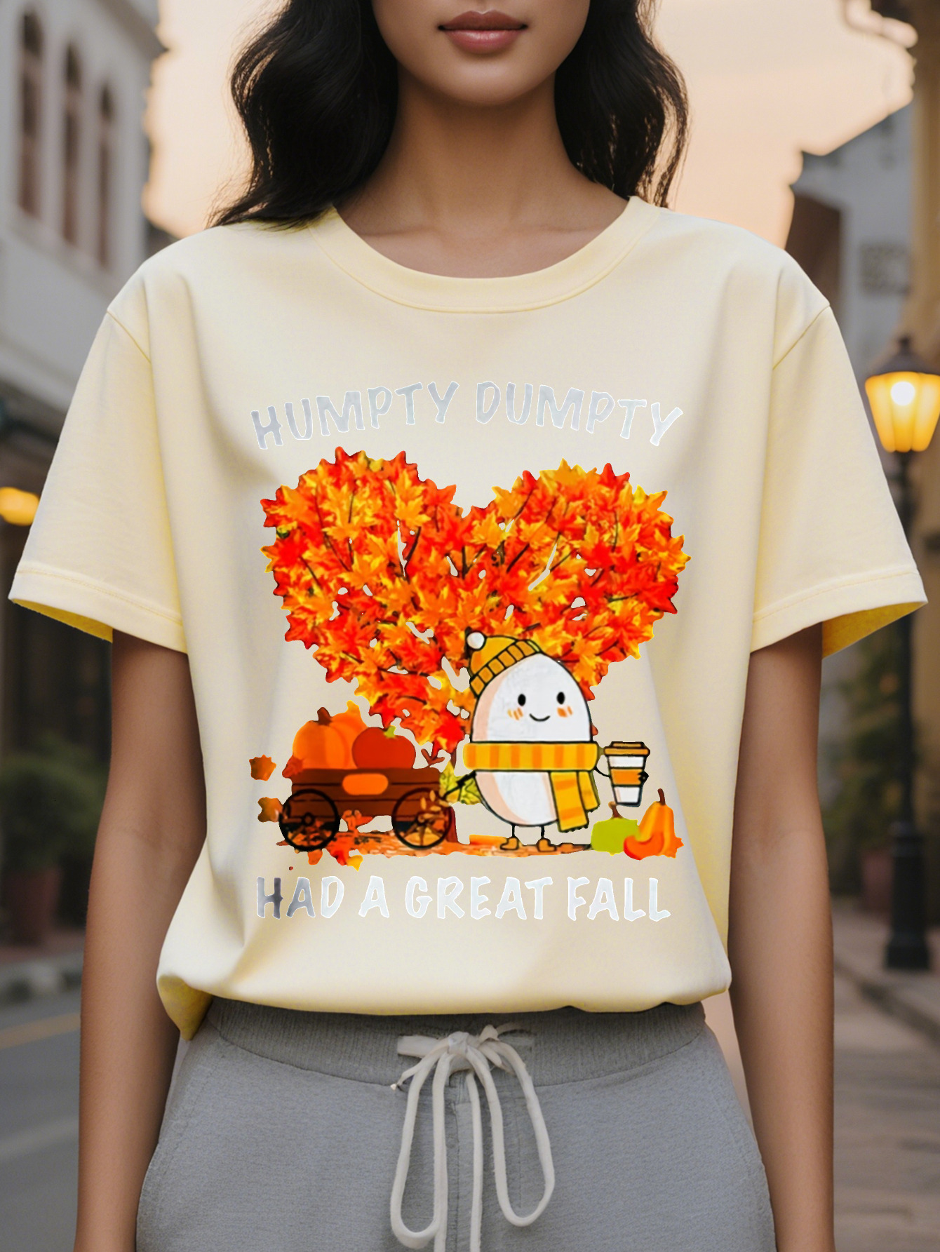Women's Dark Green Graphic T-Shirt Funny Autumn Saying Tee with Egg Cup Design Casual Everyday Shirt for Halloween