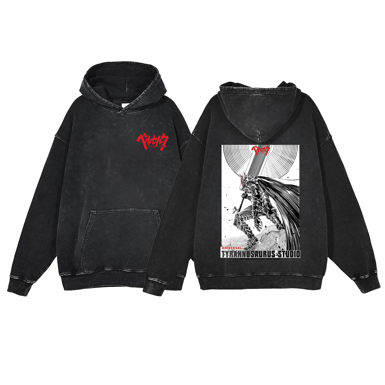 440g Heavyweight Washed Vintage Berserk Anime Street Retro Cotton Hoodie Streetwear Hooded Sweatshirt - TT8304