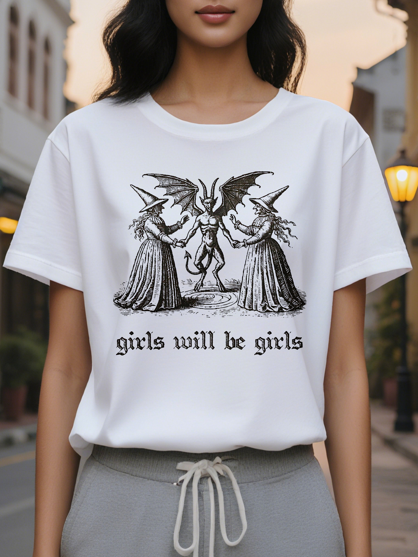 Women's T-shirt with siren design featuring golden wings and a starry sky, retro aesthetics, comfortable round neck