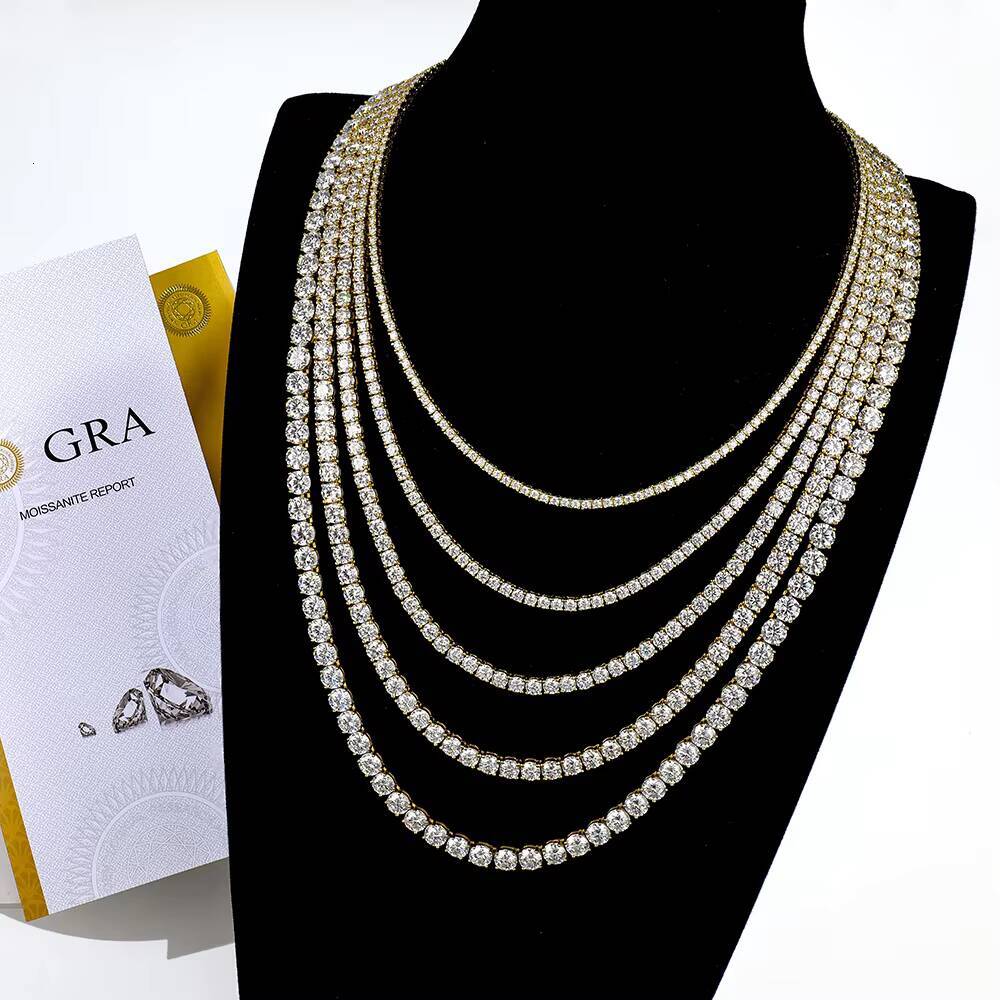 Gold Plated 925 Silver Necklace 2mm 6mm Moissanite Classic 4claws Tennis Link Chain Hip Hop Fashion Jewelry